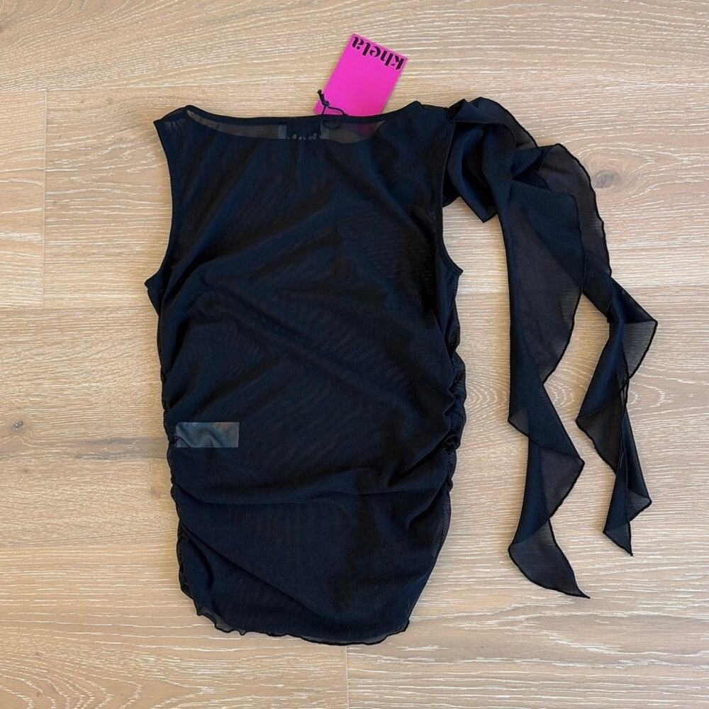 Khela Sheer Sleeveless Top Ruffles Rosette Size M Black - Picture 6 of 7